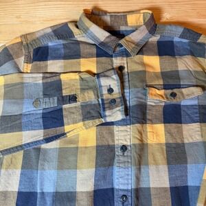 Patagonia Organic Cotton Fjord Flannel Shirt Blue Yellow Plaid Mens L 54020 FA19